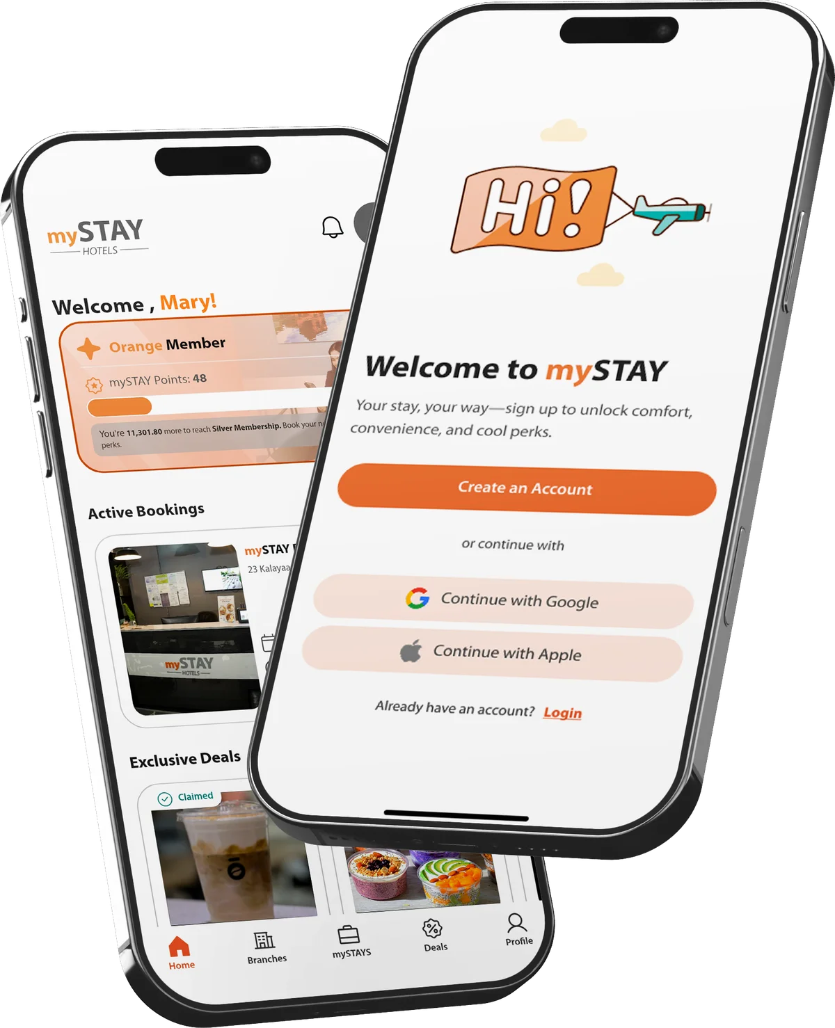 mySTAY app home screen and welcome screen shown on two phones
